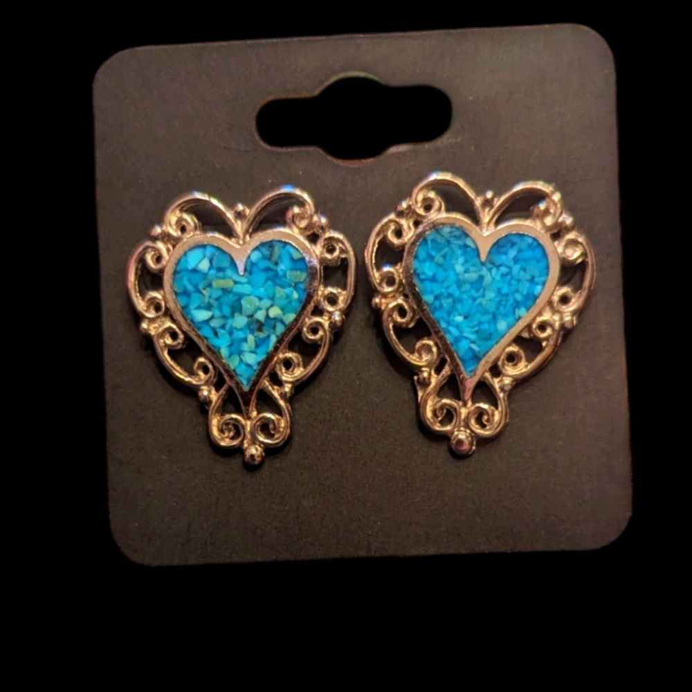 Crushed Turquoise and Silver Heart Shaped Earrings